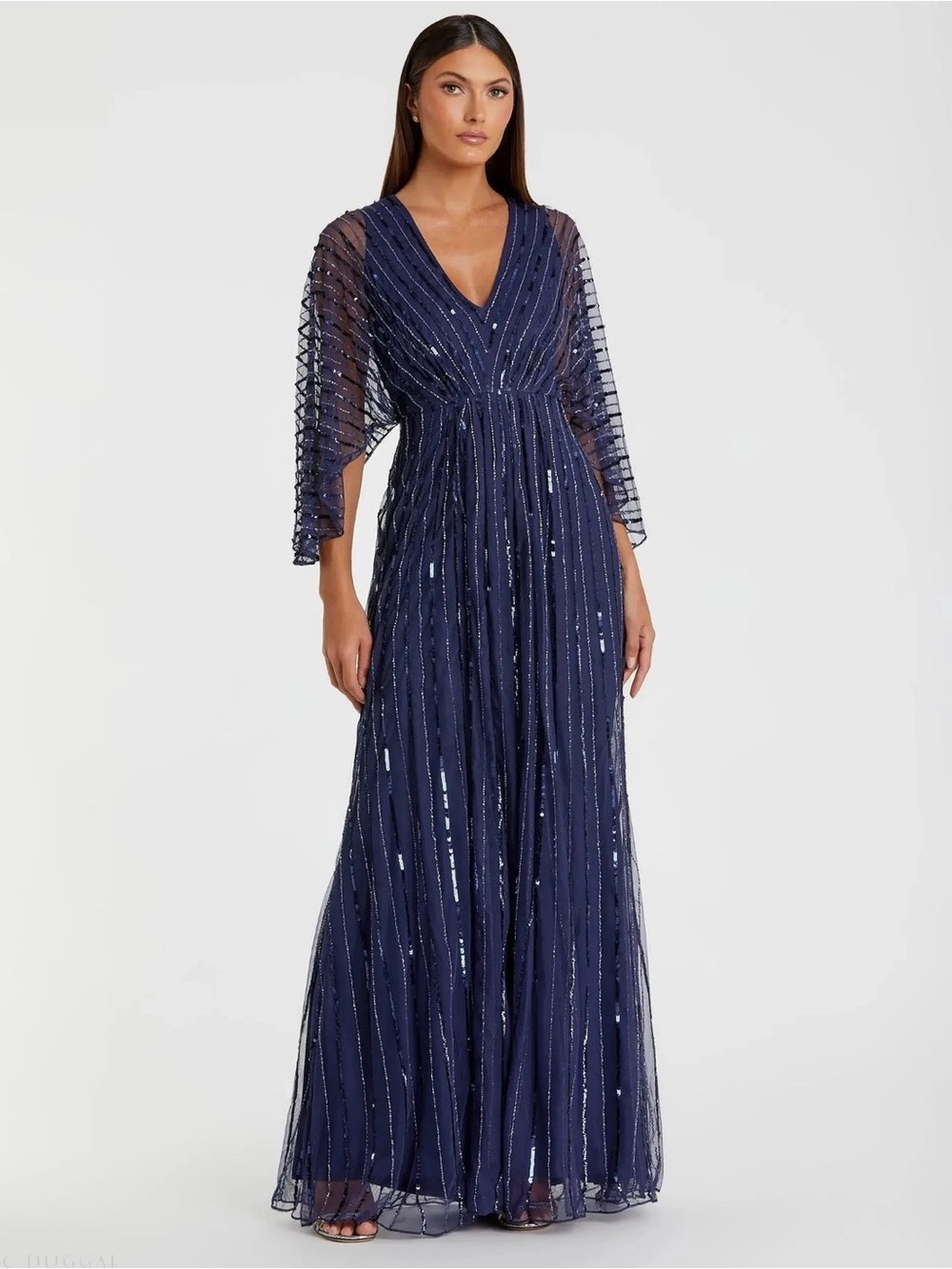 Mac Duggal Sequin Beaded Stripe Cape Kimono Sleeve V-Neck Gown in Navy
